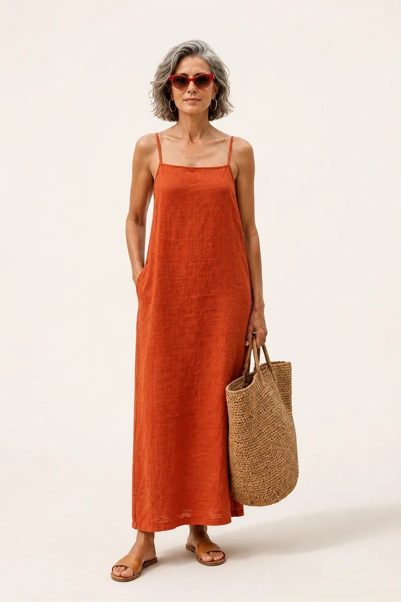 linen summer dresses for women over 60: older woman in rust spaghetti-strap linen maxi dress with woven straw tote in white studio
