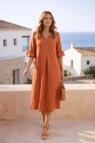 linen summer dresses for women over 60: older woman in bright orange button-front midi dress with short sleeves near white houses