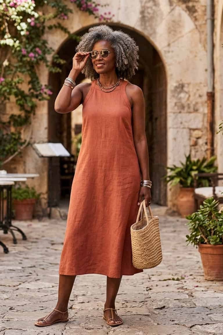 linen summer dresses for women over 60: older woman in terracotta sleeveless midi dress with straw bag in sunny courtyard