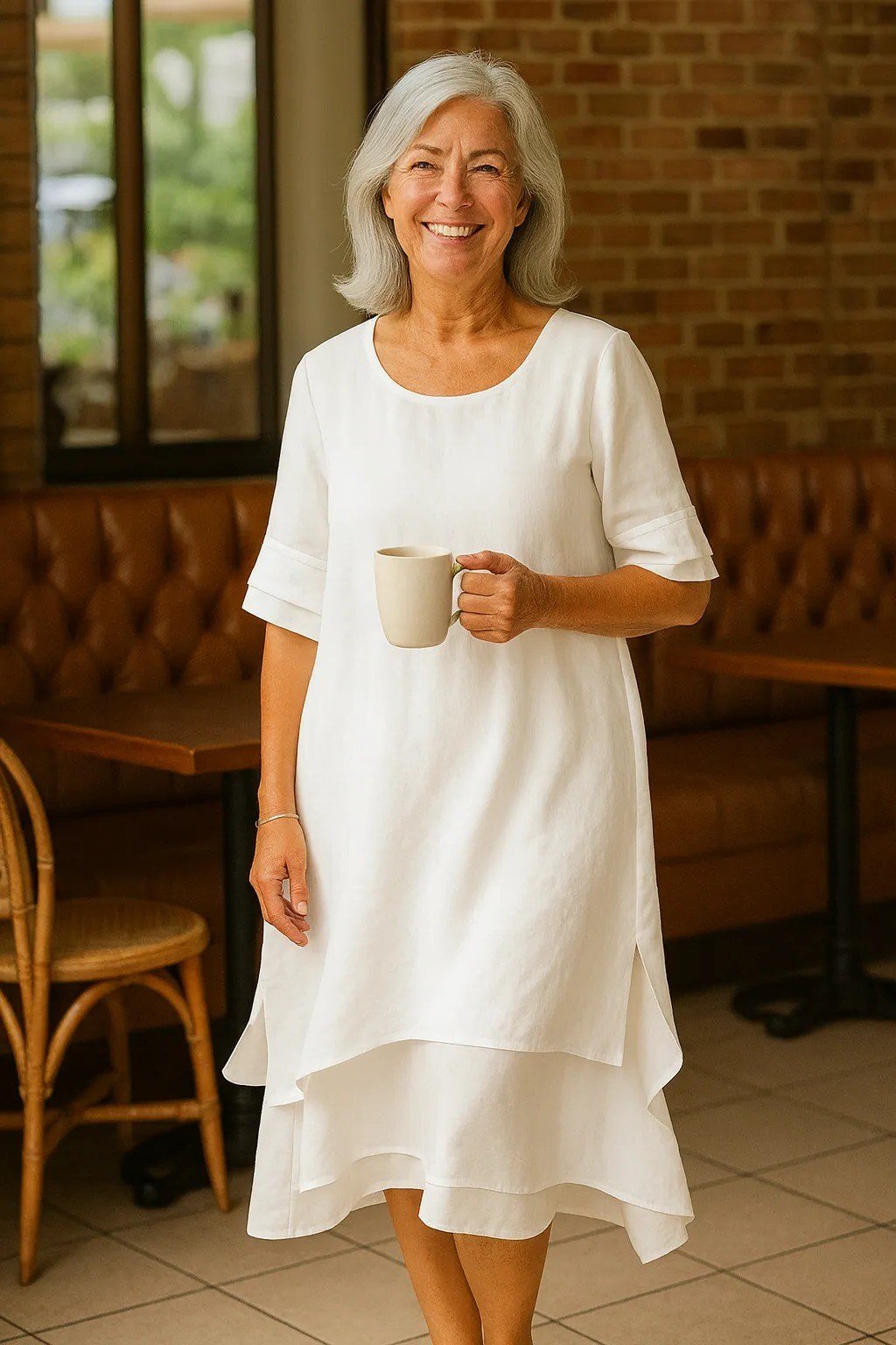 linen summer dresses for women over 60: older woman in white layered short-sleeve linen midi dress holding coffee mug in cafe