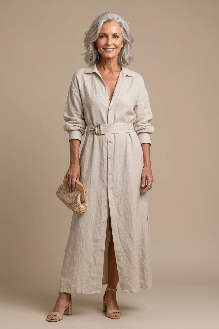 linen summer dresses for women over 60: older woman in ivory long-sleeve linen shirt dress maxi in studio