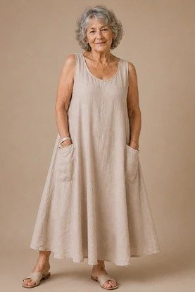 linen summer dresses for women over 60: older woman in beige sleeveless a-line linen maxi dress in studio