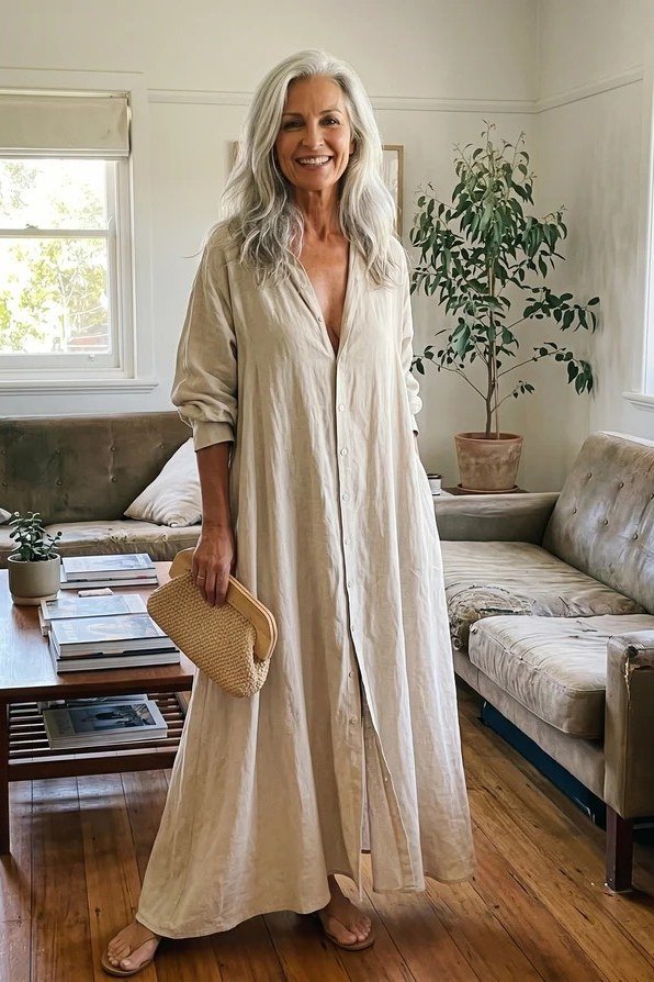 linen summer dresses for women over 60: older woman in ivory v-neck long-sleeve linen maxi dress with straw clutch in living room