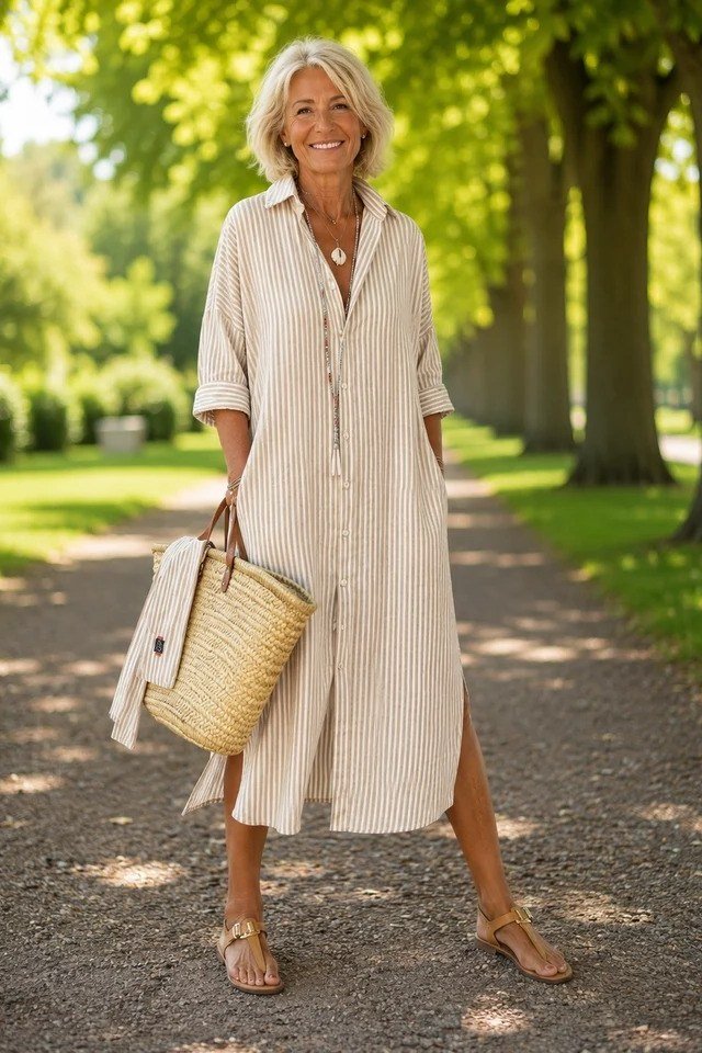 linen summer dresses for women over 60: older woman in beige linen shirt dress maxi with straw tote in green park