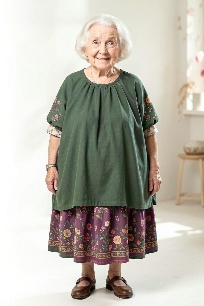 linen summer dresses for women over 60: older woman in forest green smock linen dress layered over purple floral skirt