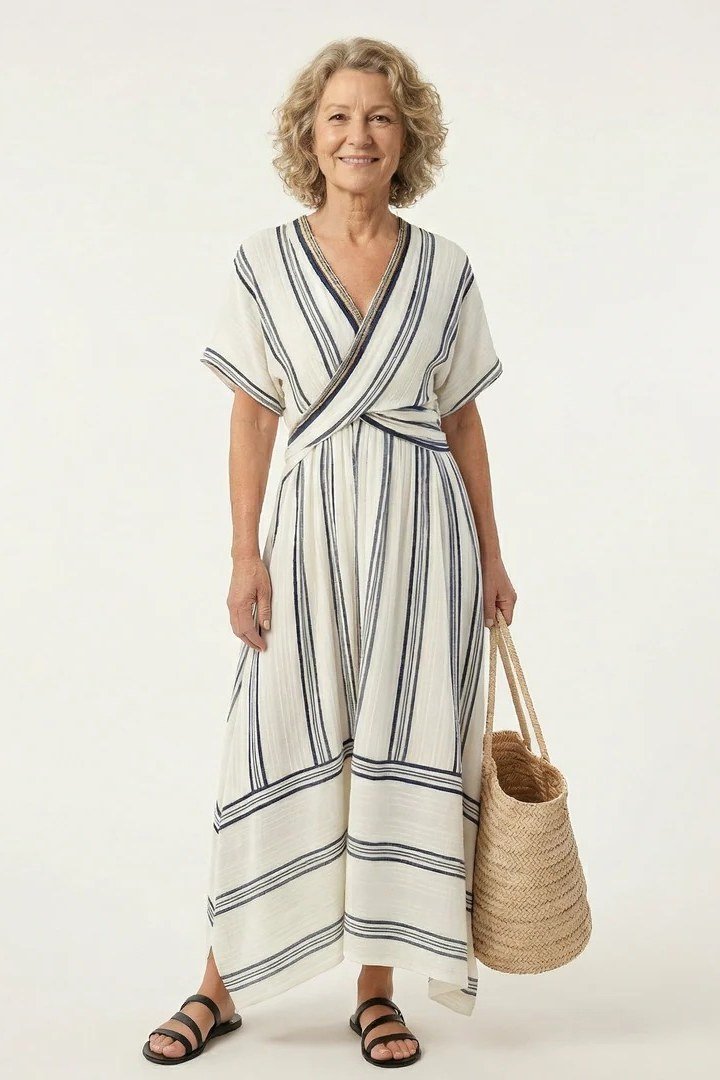 linen summer dresses for women over 60: older woman in blue and white striped linen wrap maxi dress with straw tote in studio
