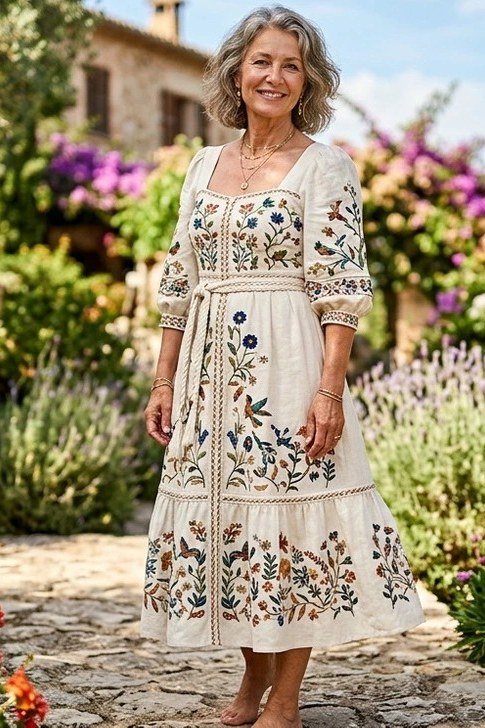 linen summer dresses for women over 60: older woman in white midi dress with colorful floral embroidery in lush garden