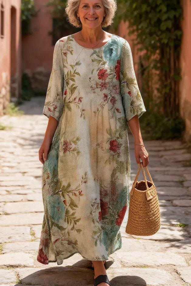 linen summer dresses for women over 60: older woman in watercolor floral linen maxi dress with straw tote on village street