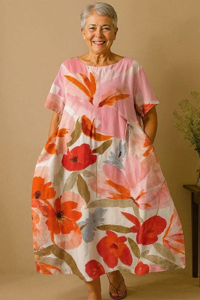 linen summer dresses for women over 60: older woman in pink bold floral linen midi dress on ochre background