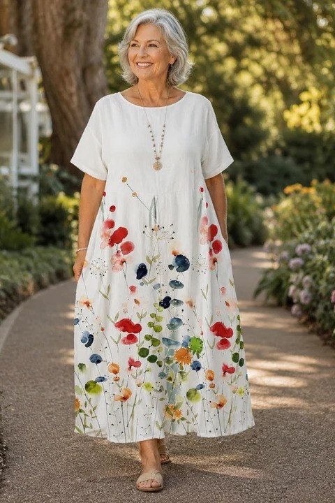 linen summer dresses for women over 60: older woman in white linen dress with colorful floral hem print and necklace in garden