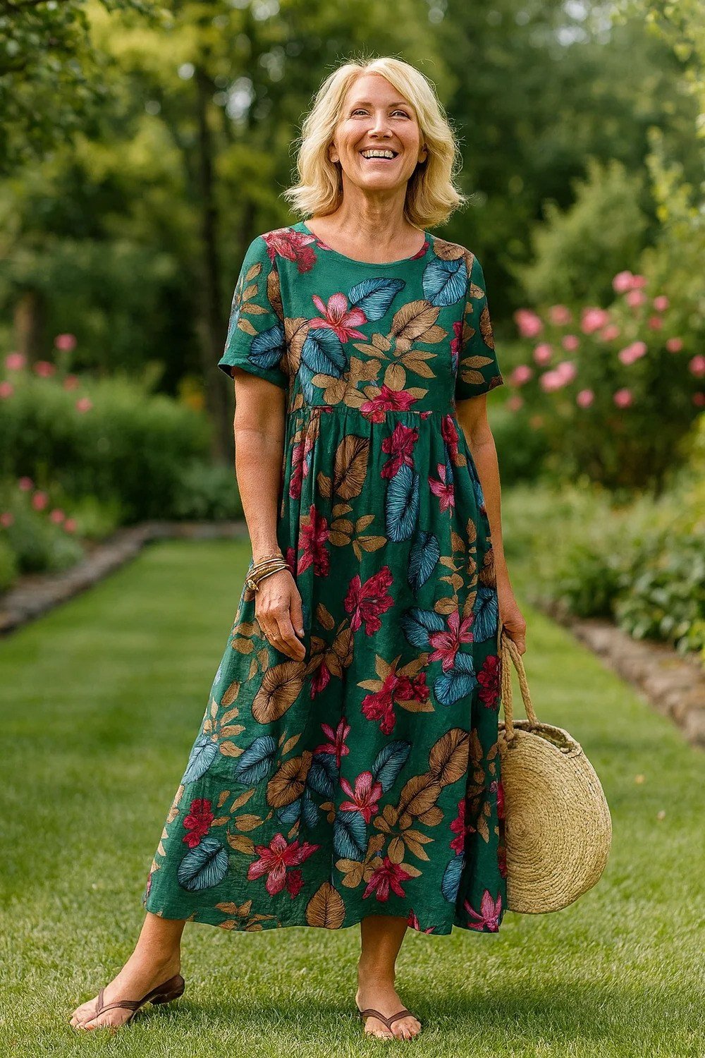 linen summer dresses for women over 60: older woman in teal floral linen maxi dress with straw tote on green lawn