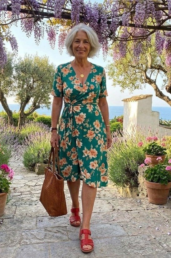linen summer dresses for women over 60: older woman in teal floral linen midi dress with red shoes and brown bag in wisteria garden