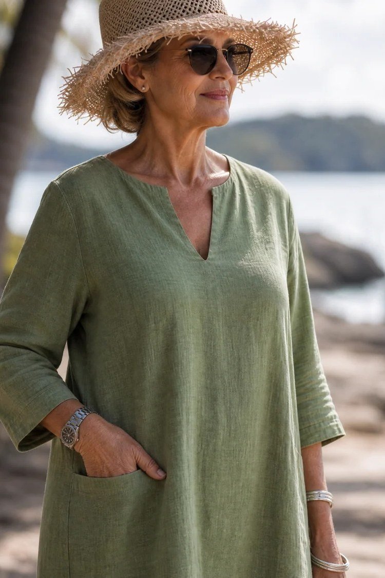 linen summer dresses for women over 60: older woman in sage green v-neck linen midi dress with straw hat on rocky beach