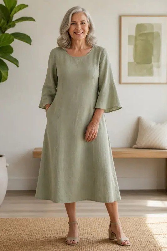 linen summer dresses for women over 60: older woman in sage green three-quarter-sleeve linen midi dress in bright interior
