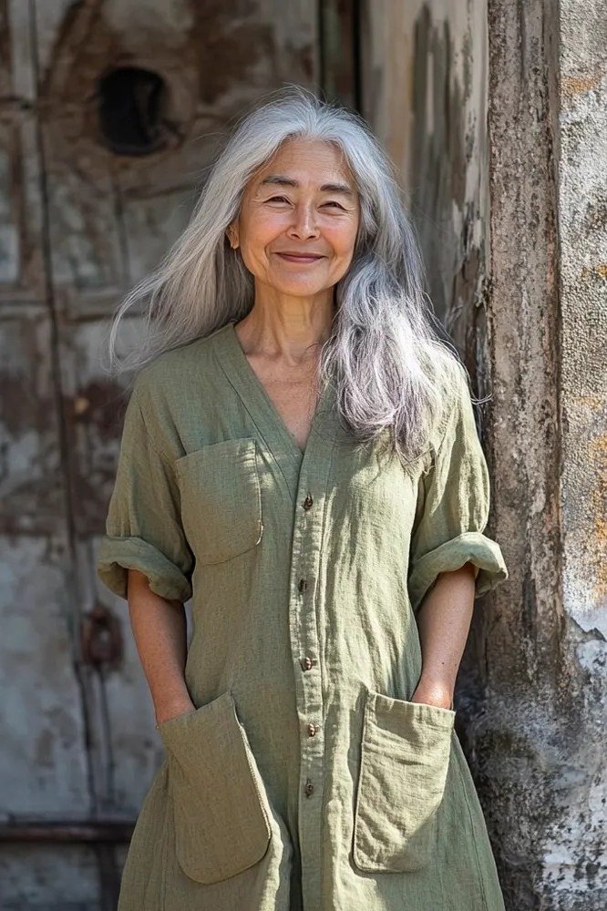 linen summer dresses for women over 60: older woman in olive v-neck linen shirt dress by old stone wall