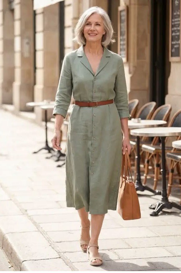 linen summer dresses for women over 60: older woman in sage green linen shirt dress midi with brown belt on cafe street