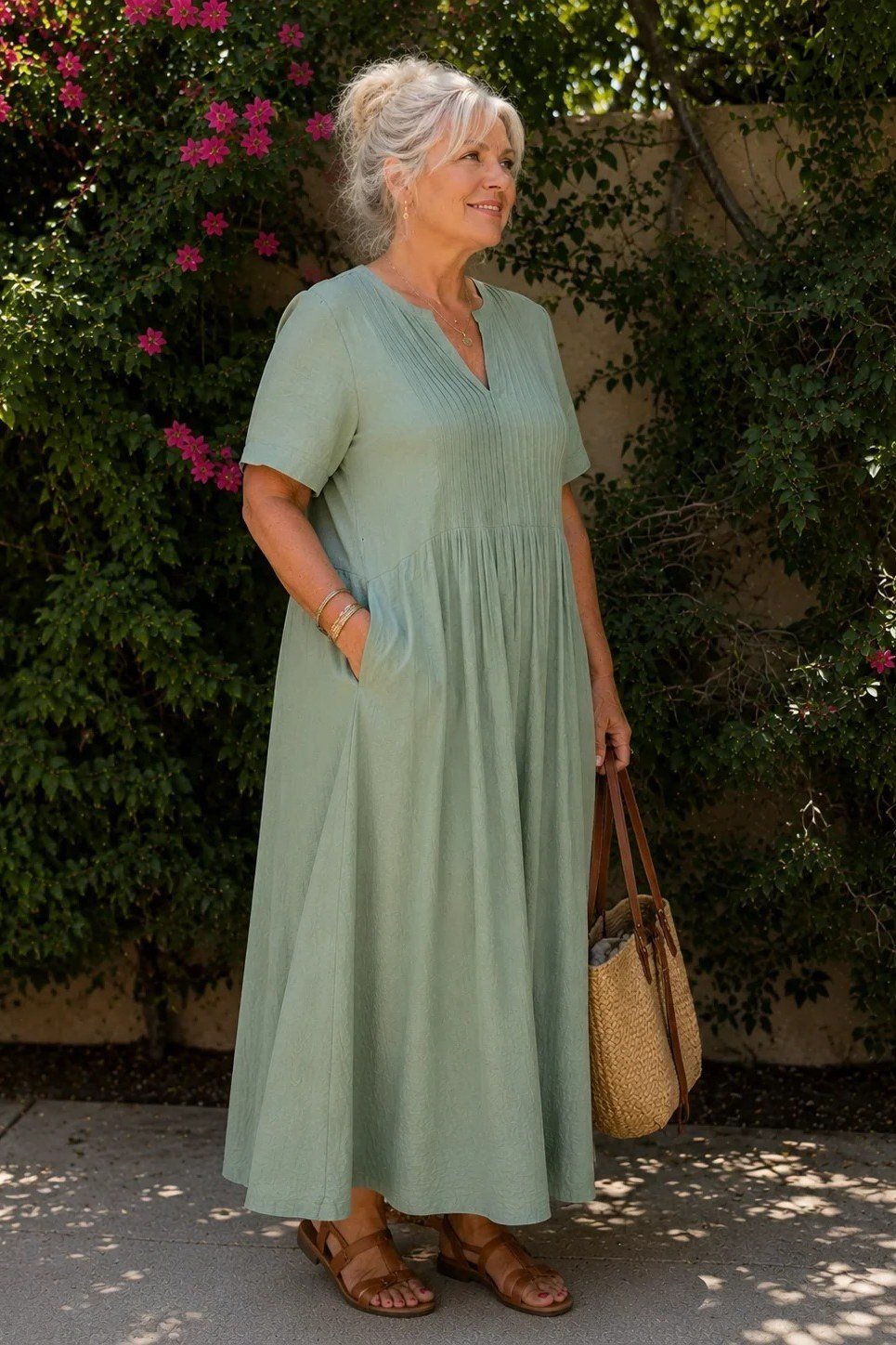 linen summer dresses for women over 60: older woman in sage green v-neck short-sleeve linen midi dress with straw bag in garden