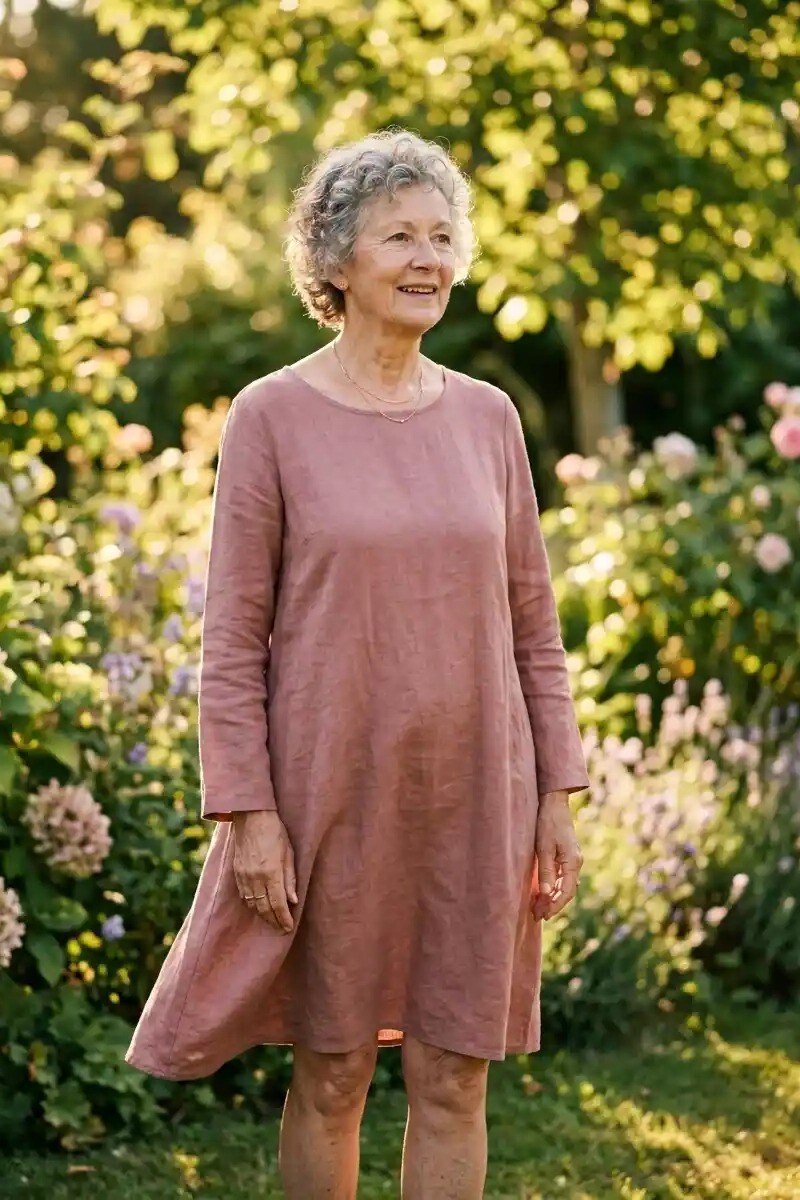 linen summer dresses for women over 60: older woman in dusty rose long-sleeve linen midi dress in garden