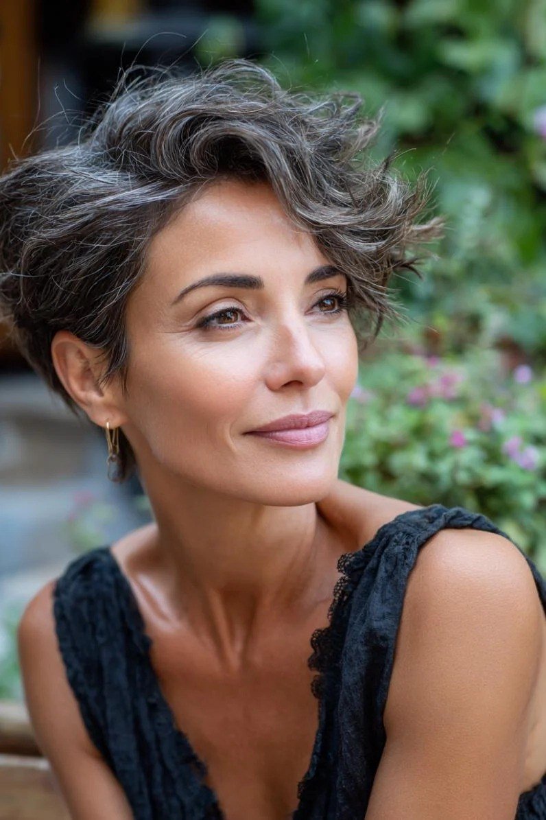 short curly grey pixie, tousled texture, outdoor front view, low-maintenance hairstyle for women over 40