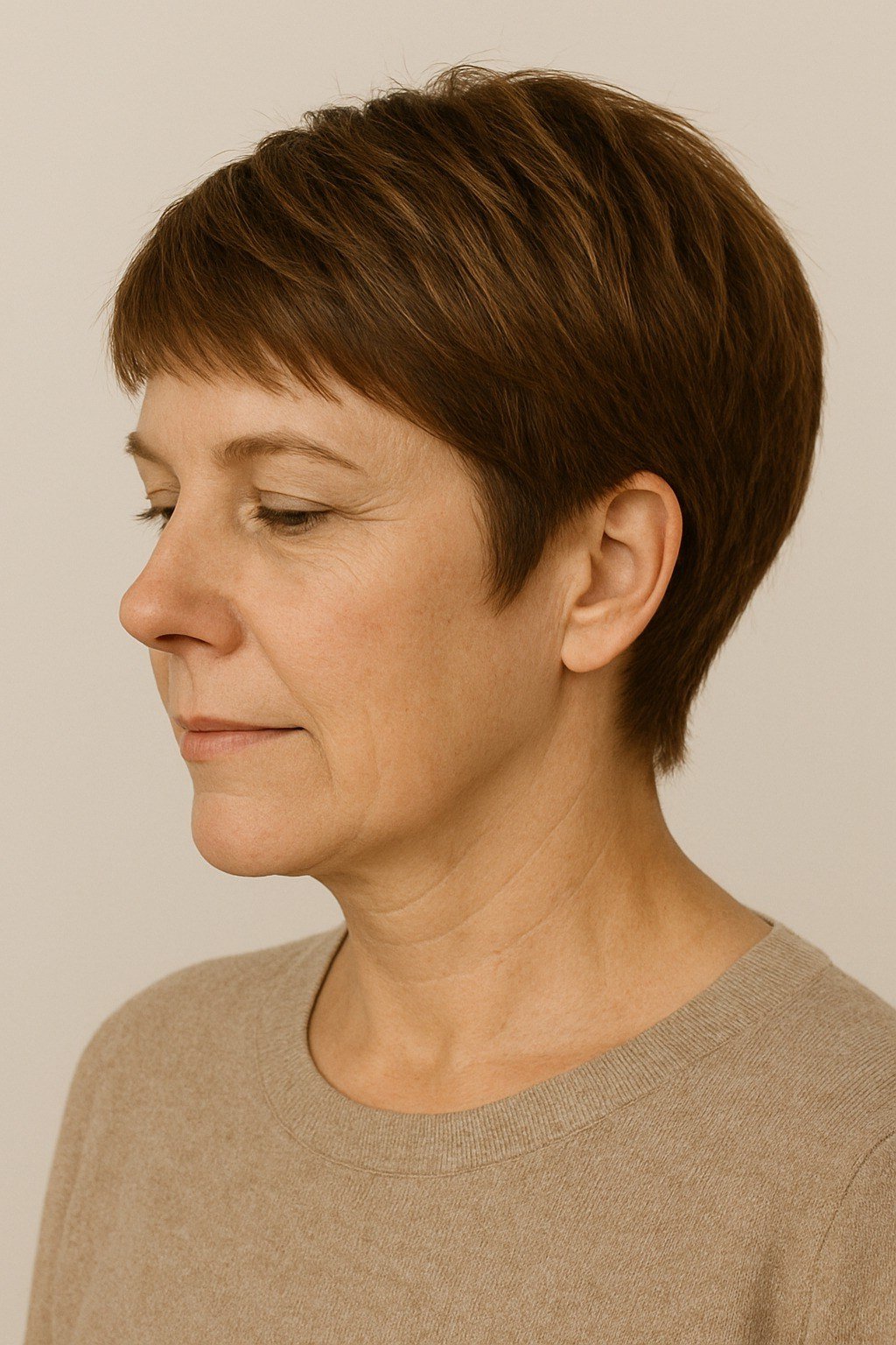 chestnut-brown classic short pixie, clean profile, low-maintenance hairstyle for women over 40