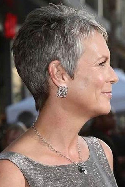 grey tapered pixie with volume on top, profile, low-maintenance hairstyle for women over 40