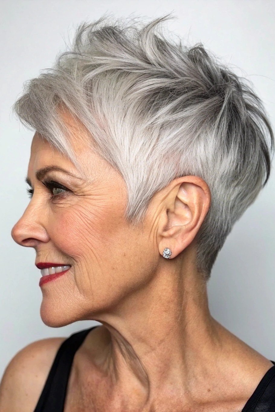 silver-grey neat pixie with soft texture, profile, low-maintenance hairstyle for women over 40