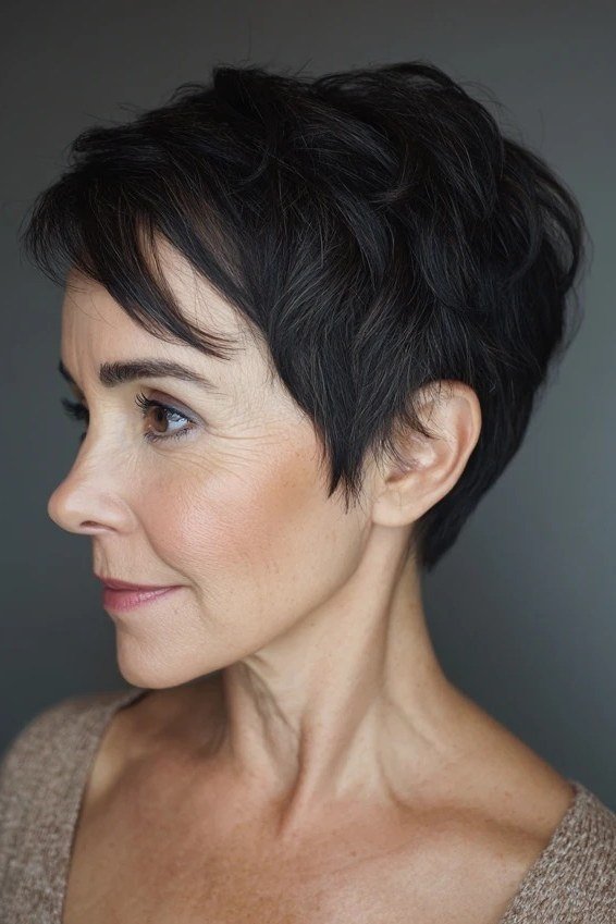 black tapered pixie with side-swept top, profile, low-maintenance hairstyle for women over 40