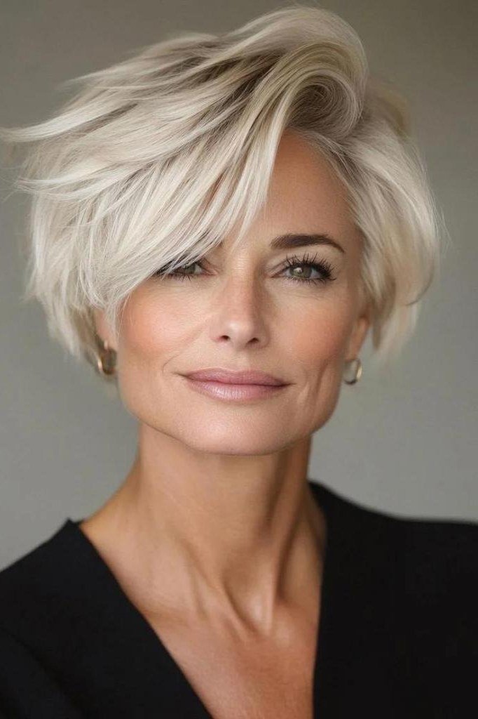 platinum pixie with long side fringe, front view, low-maintenance hairstyle for women over 40