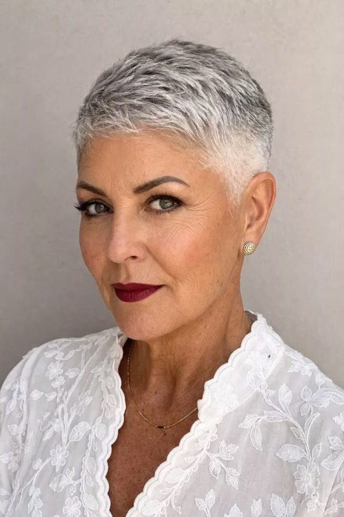 silver cropped pixie, minimalist cut, front view, low-maintenance hairstyle for women over 40