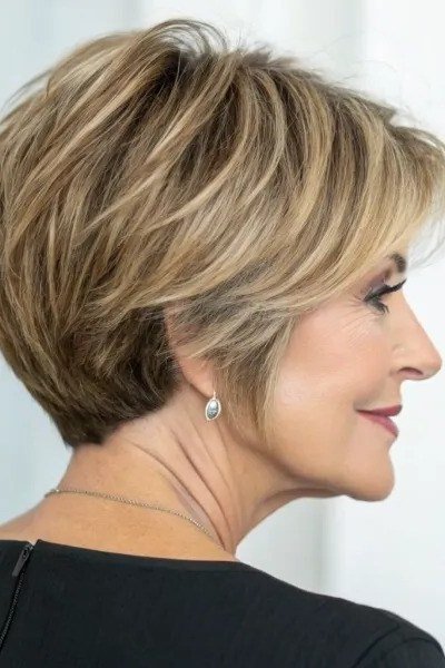 blonde stacked bob with rounded silhouette, profile, low-maintenance hairstyle for women over 40
