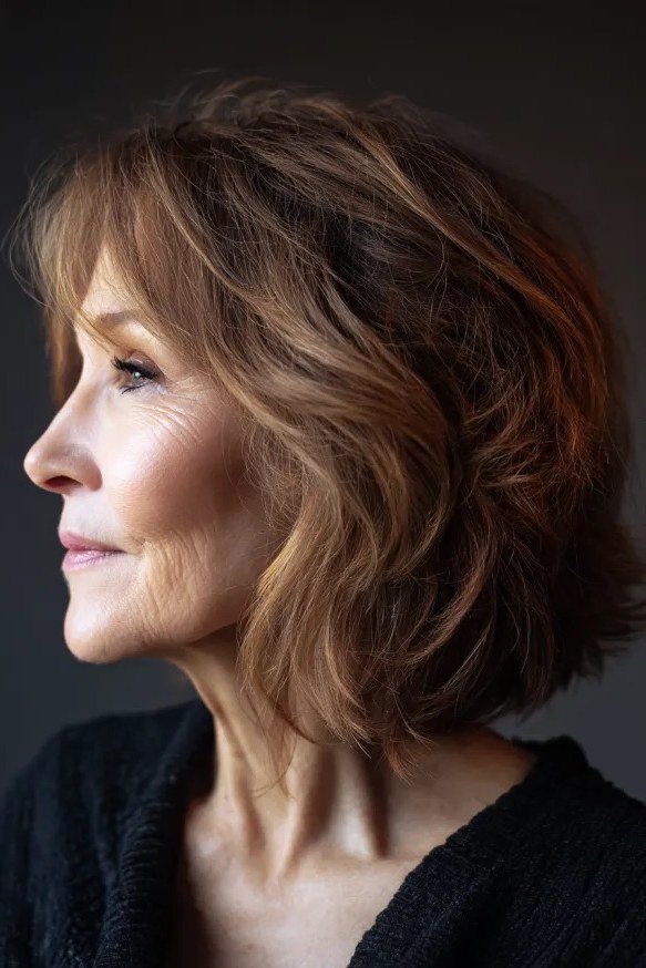 auburn-brown wavy bob with face-framing layers, profile, low-maintenance hairstyle for women over 40