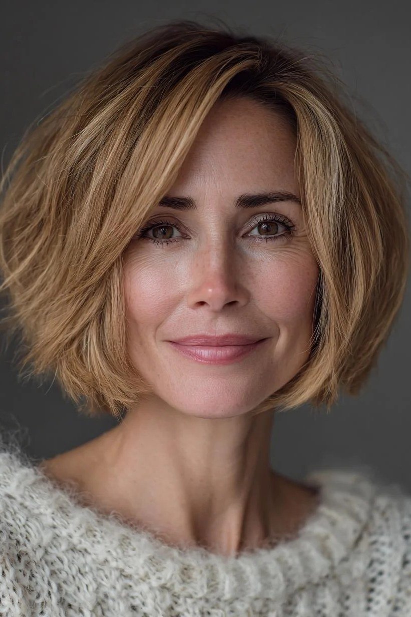 honey-blonde softly layered bob, front view, low-maintenance hairstyle for women over 40