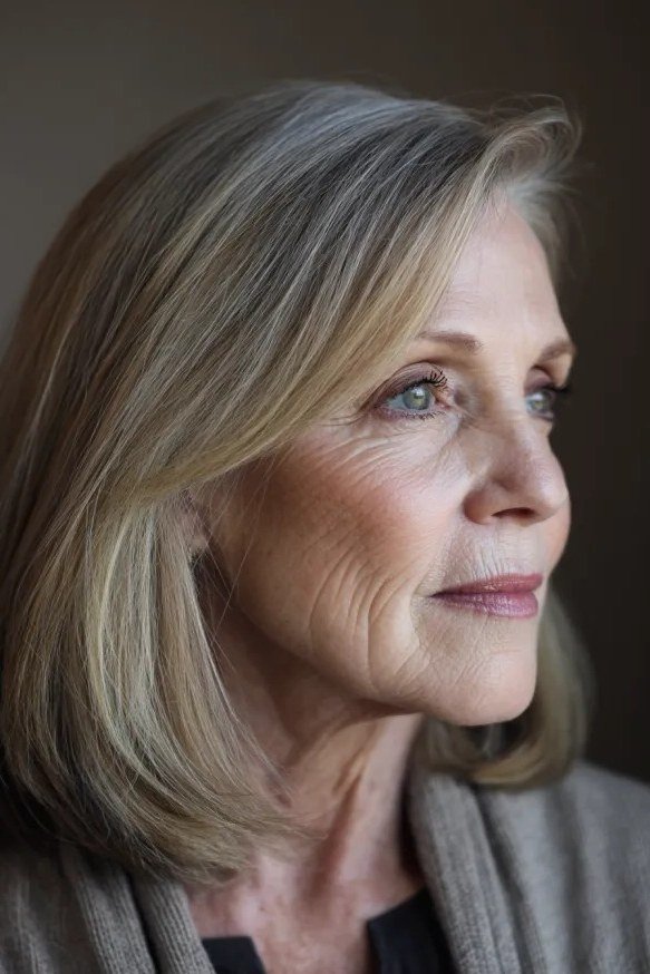 silver-grey straight lob with tucked sides, profile, low-maintenance hairstyle for women over 40
