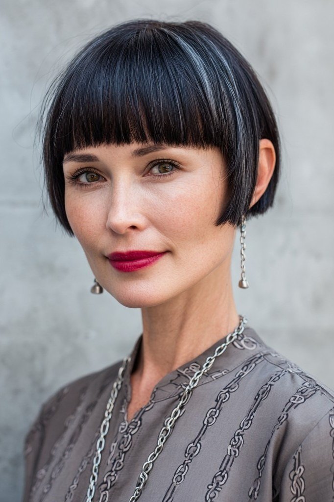 black bob with blunt bangs, sleek, front view, low-maintenance hairstyle for women over 40