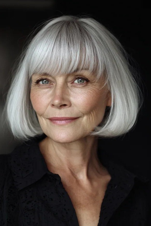 silver-white blunt bob with straight bangs, front view, low-maintenance hairstyle for women over 40