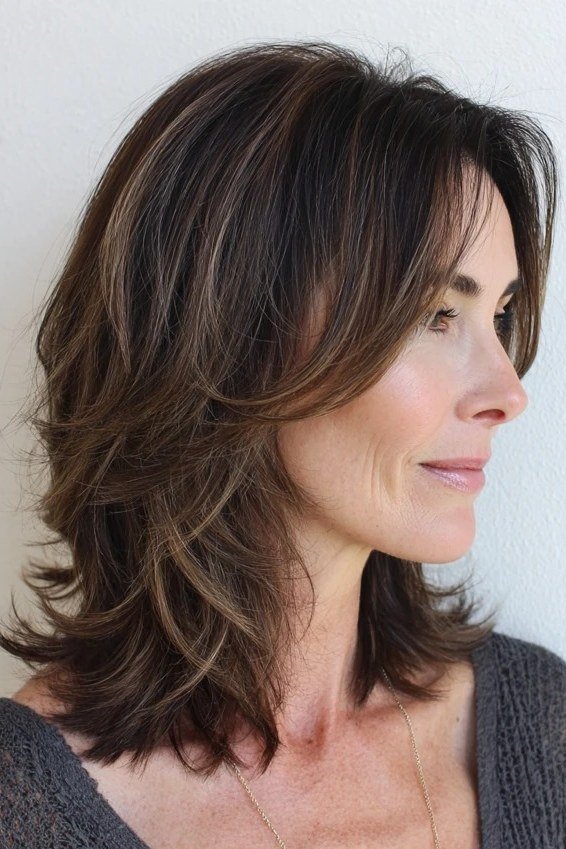 dark brown layered lob with deep side part, three-quarter view, low-maintenance hairstyle for women over 40