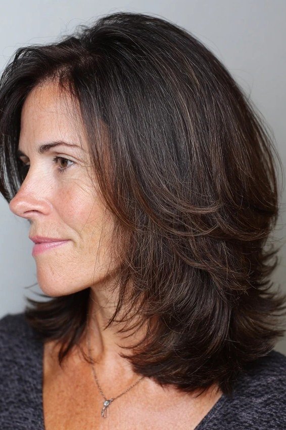 dark brown shoulder-length layers, smooth finish, side view, low-maintenance hairstyle for women over 40