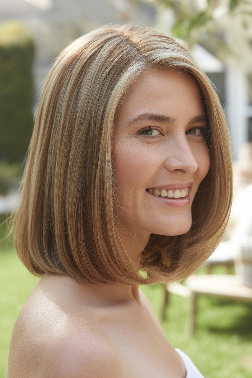 blonde sleek straight lob, outdoor, front view, low-maintenance hairstyle for women over 40