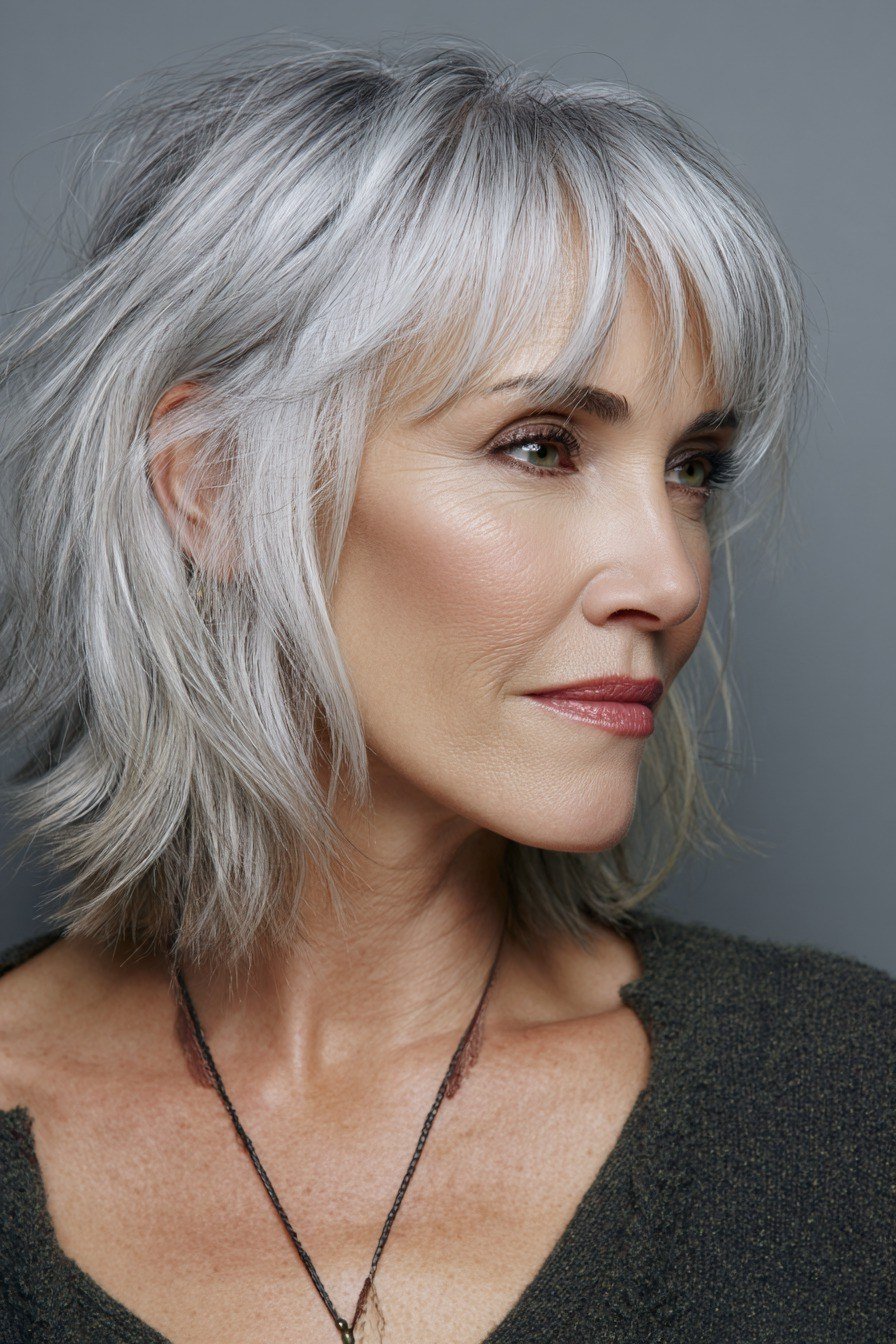 silver-grey shaggy lob with bangs, three-quarter view, low-maintenance hairstyle for women over 40