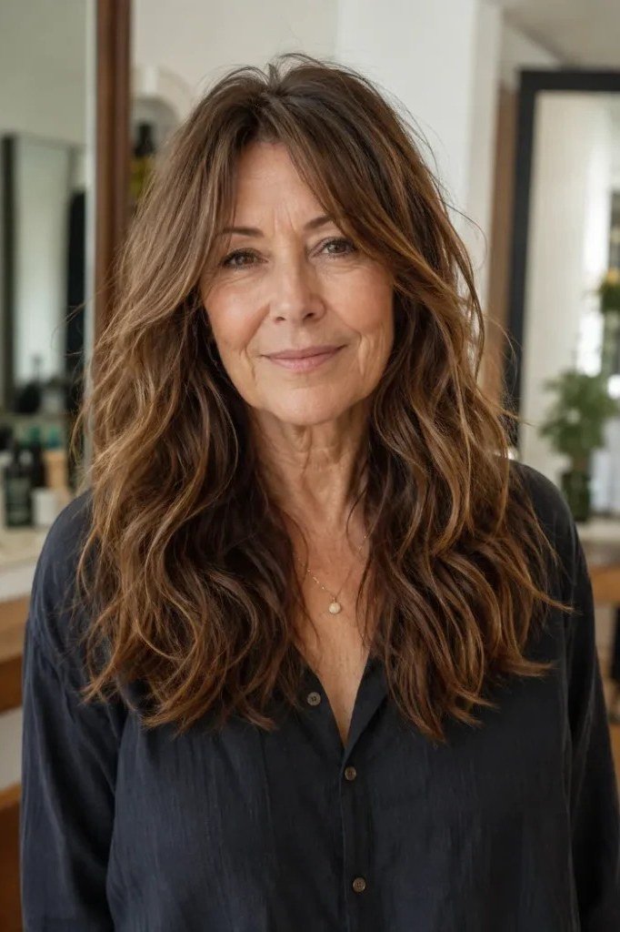 brown wavy lob with face-framing layers, front view, low-maintenance hairstyle for women over 40