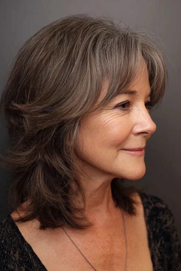 grey layered shag, mid-length, three-quarter view, low-maintenance hairstyle for women over 40