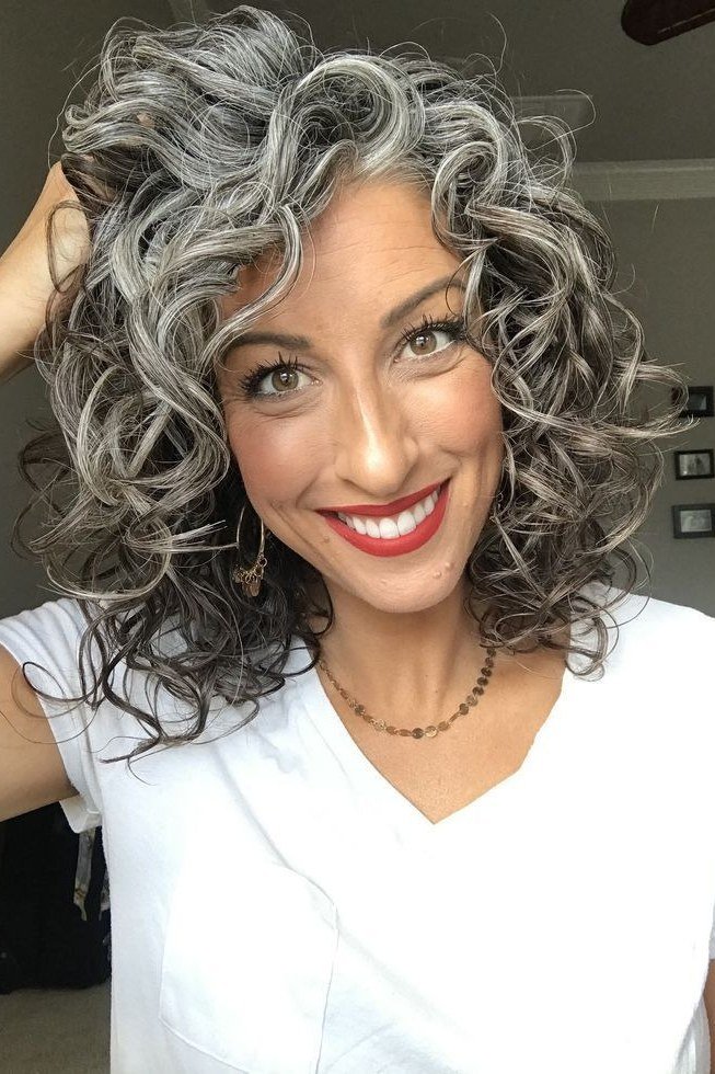 silver curly lob with soft ringlets, front view, low-maintenance hairstyle for women over 40