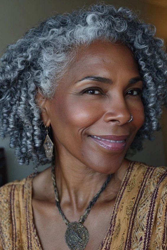 silver coily cropped cut with defined coils, front view, low-maintenance hairstyle for women over 40