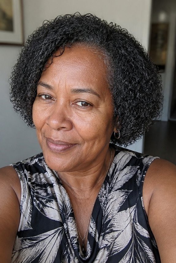 dark coily bob with tight coils, front view, low-maintenance hairstyle for women over 40