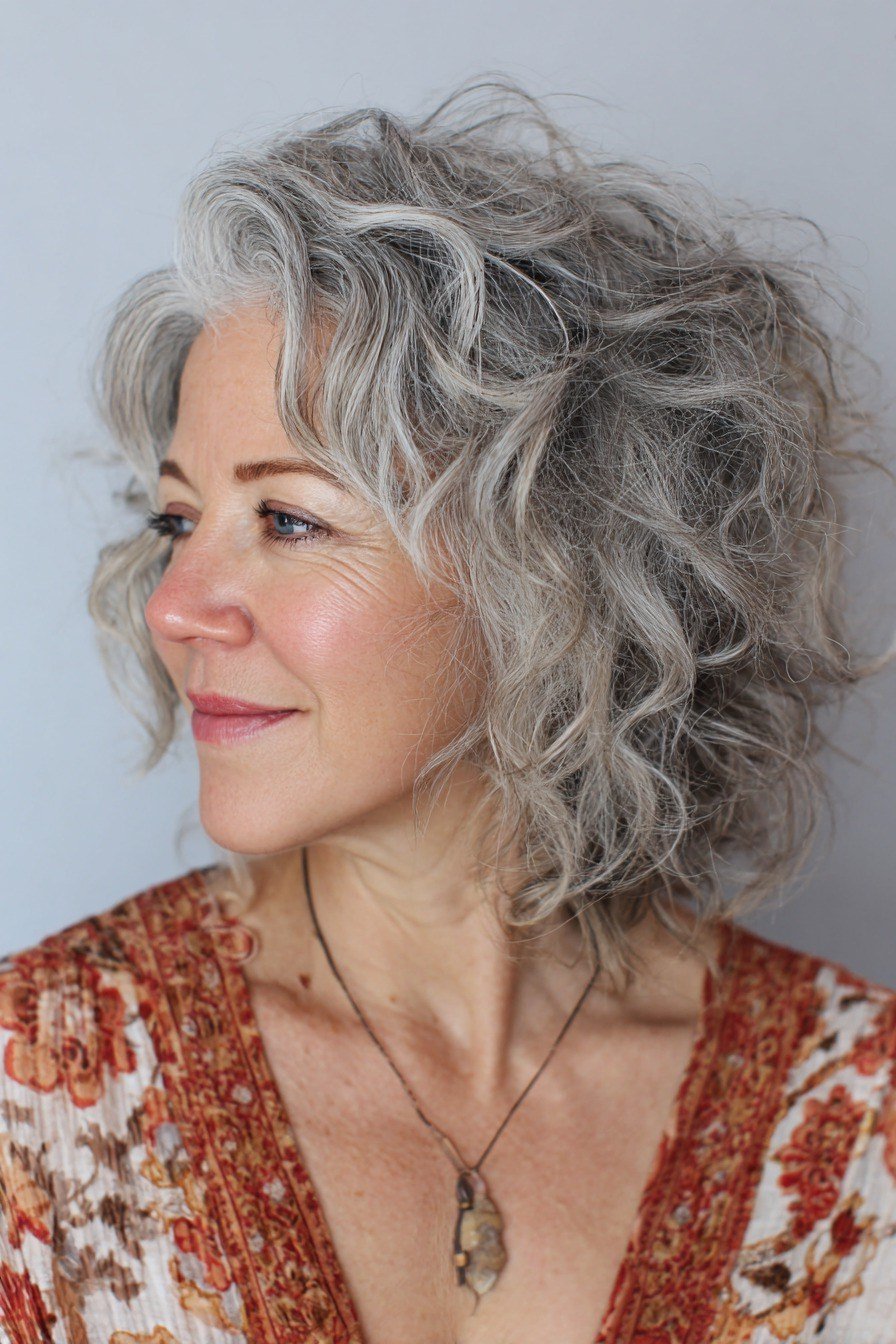 silver curly lob with natural volume, profile, low-maintenance hairstyle for women over 40