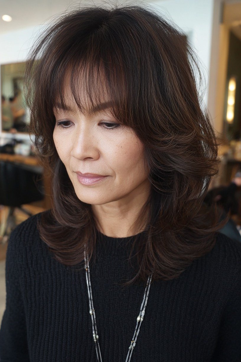 dark brown layered lob with bangs, soft finish, front view, low-maintenance hairstyle for women over 40