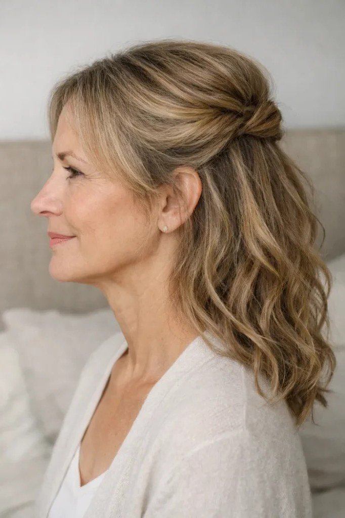blonde wavy half-up twist, relaxed low-effort style, profile, low-maintenance hairstyle for women over 40