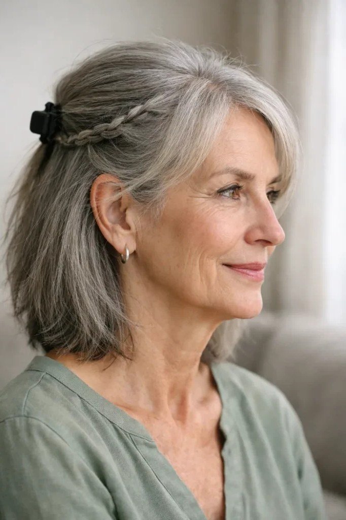 grey half-up style with claw clip, casual, profile, low-maintenance hairstyle for women over 40