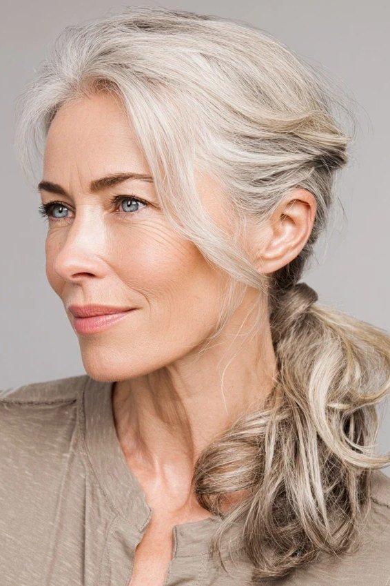 silver low ponytail with soft waves, three-quarter view, low-maintenance hairstyle for women over 40