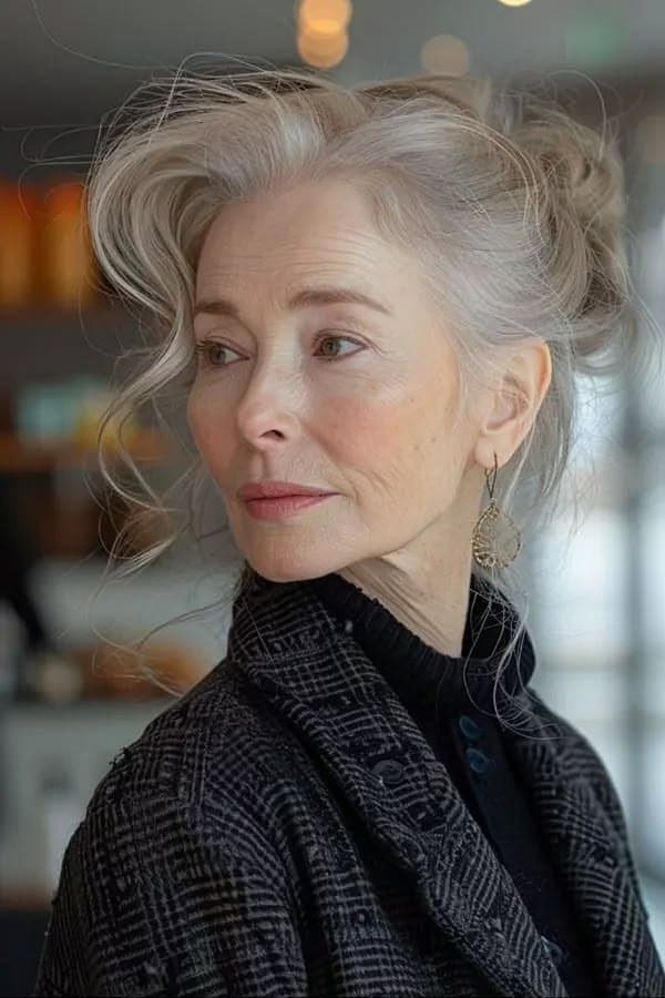 silver messy bun, effortless updo, three-quarter view, low-maintenance hairstyle for women over 40